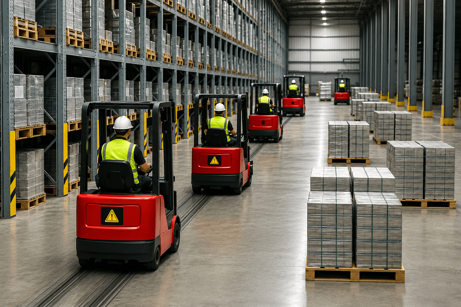 Allée d'un entrepôt logistique où trois caristes casqués conduisent des chariots élévateurs entre de hauts racks de palettes.